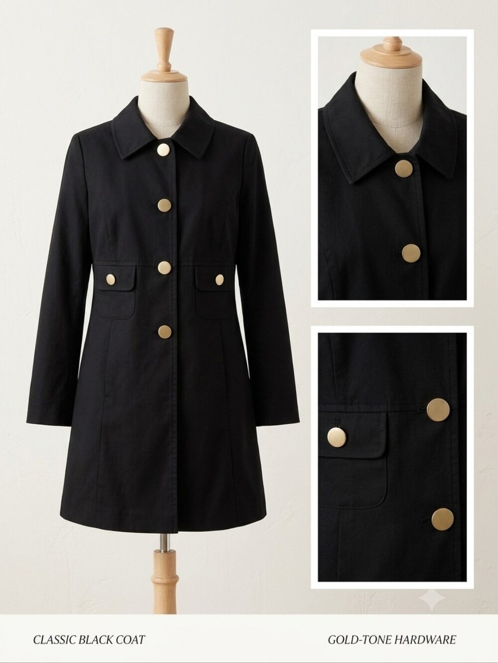 Charter Club NWT Classic Black Coat with Gold-Tone Hardware, Size Large